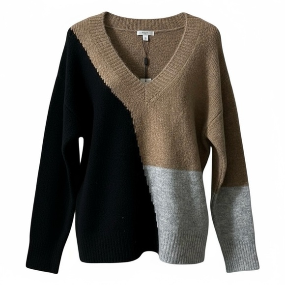 Vigoss Sweaters - Vigoss Sweater Size Medium Colorblock V Neck Knit Cozy Pullover Long Sleeve Tan